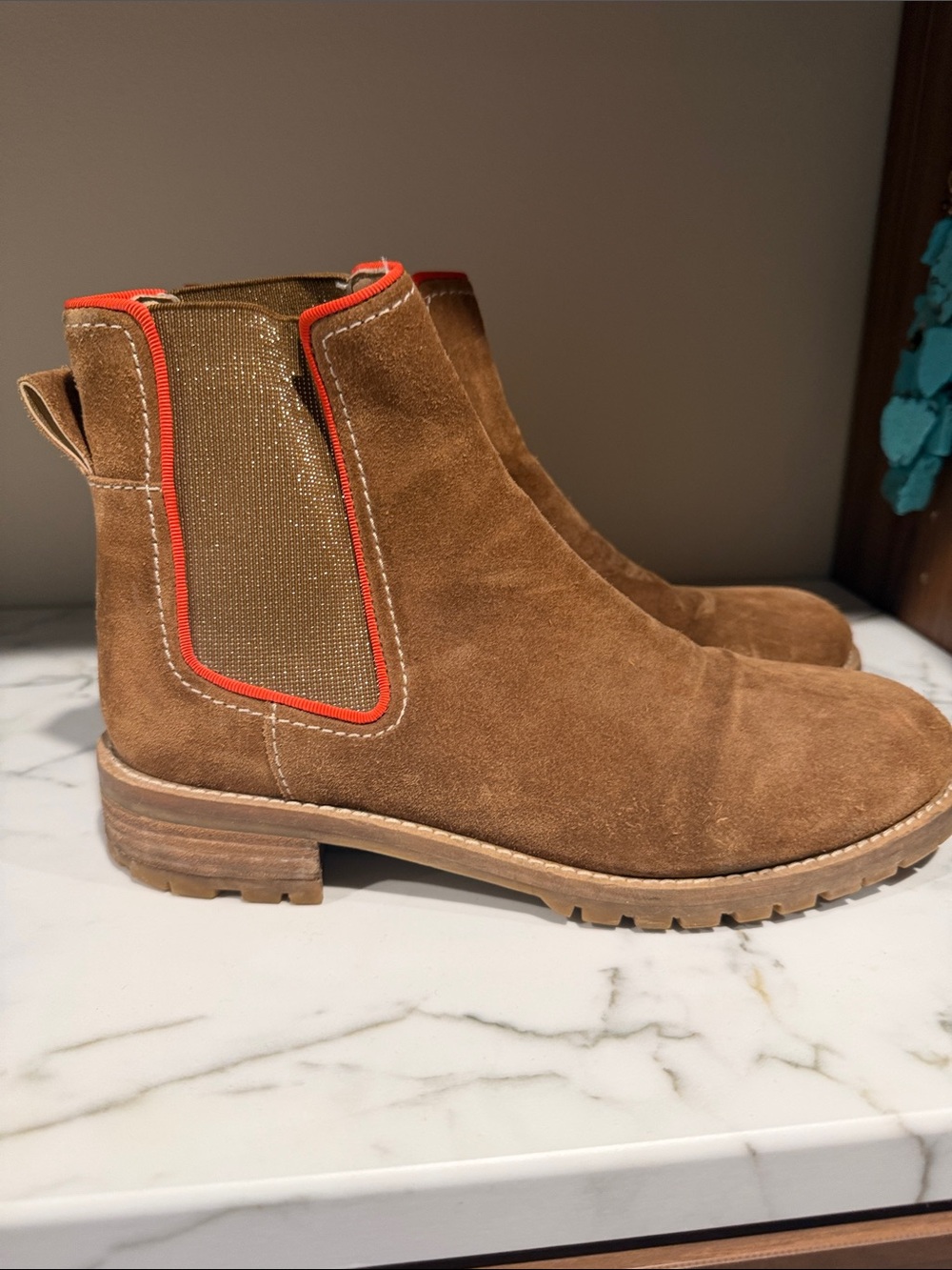 Boden Brown Suede Chelsea Boots with Red Trim